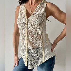 Button Front Lace Mixed Vest Style Top